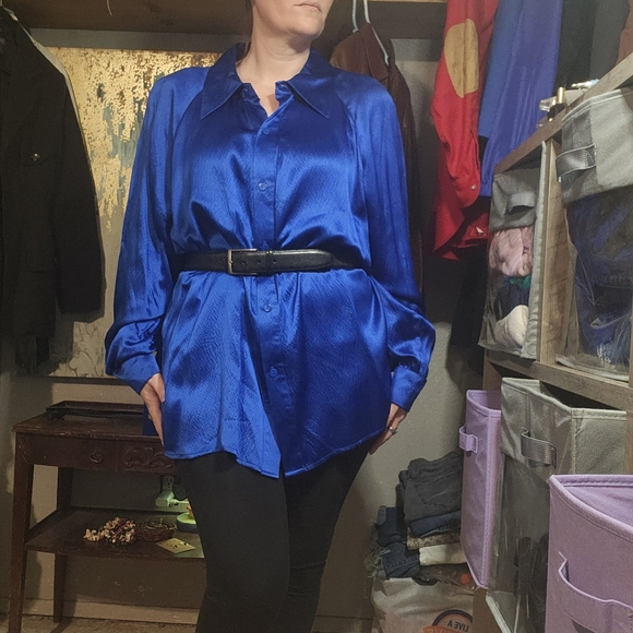 Vintage 100% Silk Royal Blue Linea By Louis Dell'Olia Long Sleeve Blouse - Picture 6 of 10